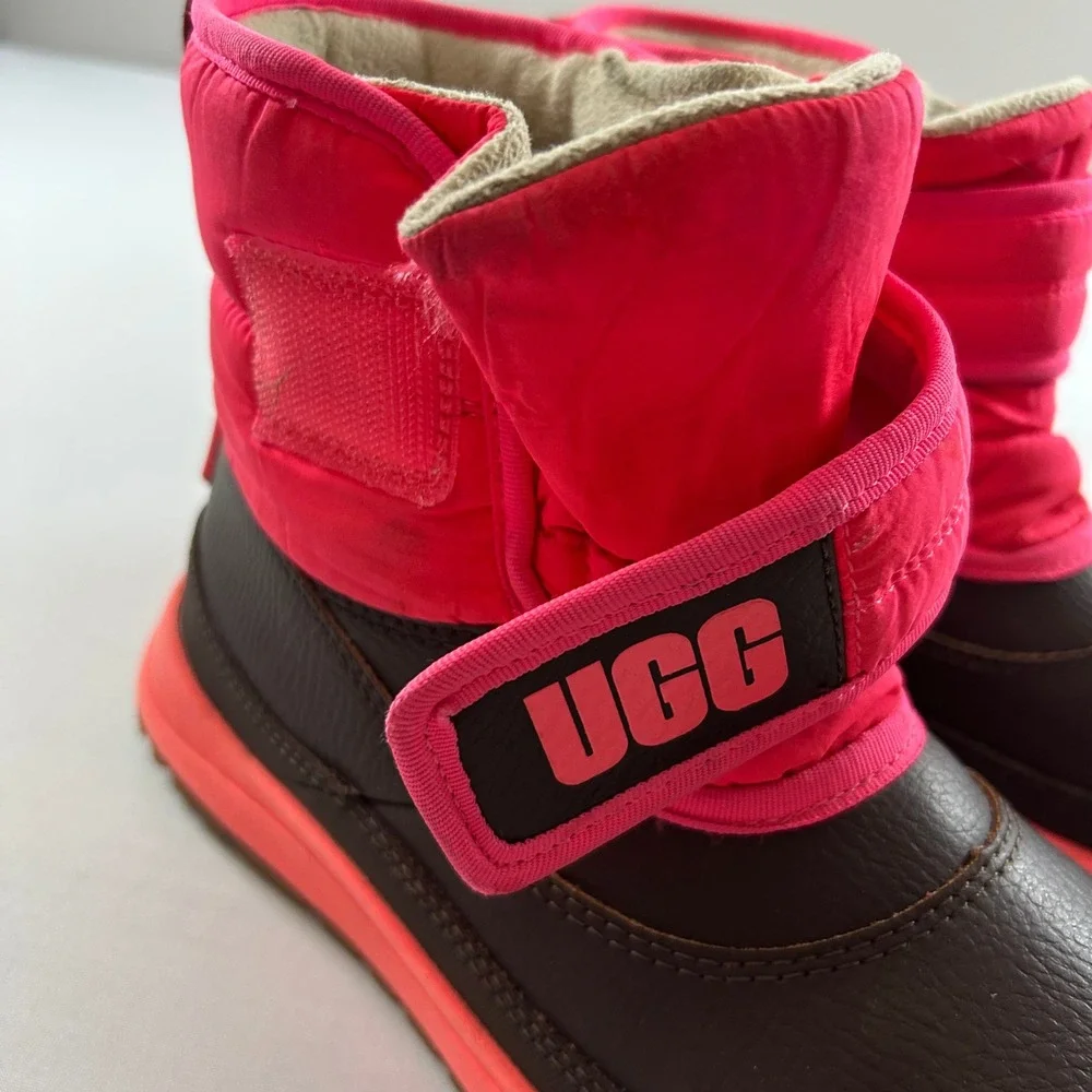 UGG Snow Boots Kids Girls Size 3 Brown Neon Pink Hook Loop Leather Winter Warm